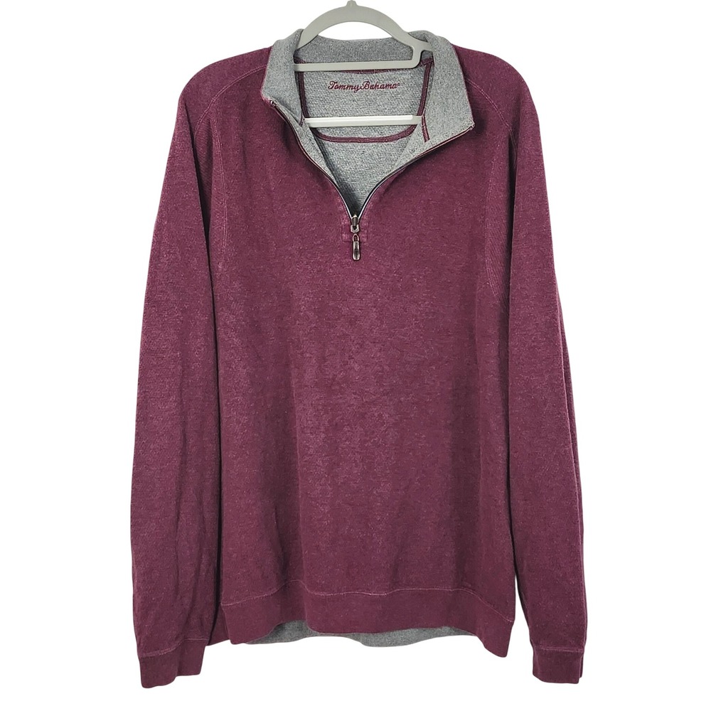 Tommy Bahama Reversible 1/4 Zip Pullover Knit Sweater Mens XL Burgundy Gray‎
